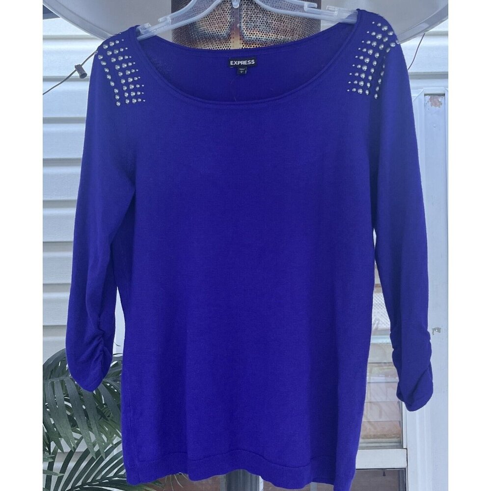 Express Top Large Purple Knit Studs Ruched 3/4 Sleeves NWT